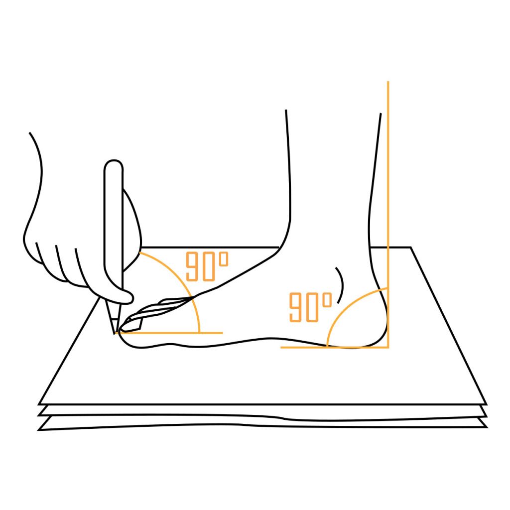 встать на лист бумаги А4 так, чтобы вес приходился на ногу;обвести «контрольные точки» — максимально выступающий палец и пятку;измерить длину прямой линии от кончика пальца до пятки;повторить процедуру со второй ногой.